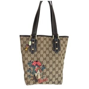 Gucci GG Canvas Mushroom Embroidered Small Tote Brown Leather Italy